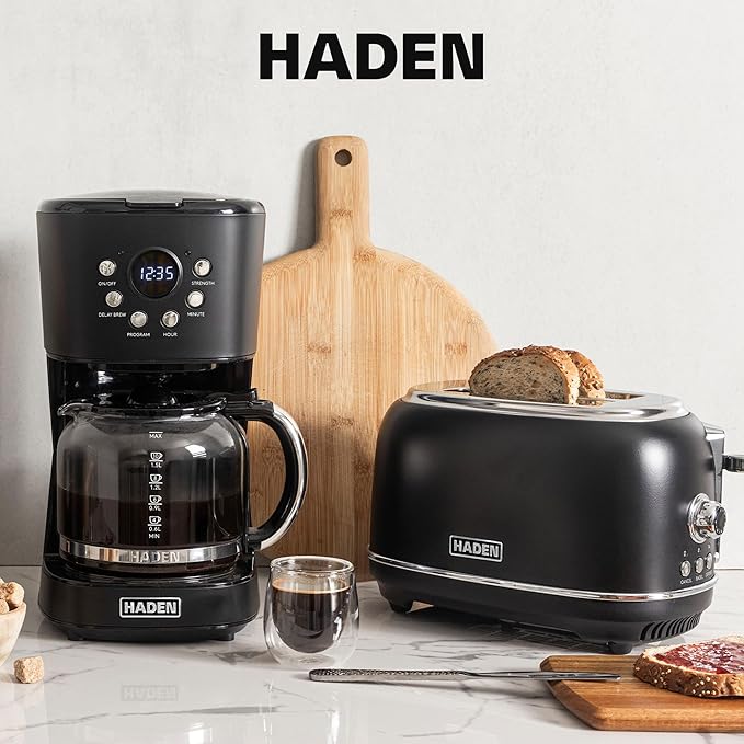 Haden 12 Cup Programmable Drip Coffee Maker Coffee Machine Bundled with Heritage 2 Slice Wide Slot Stainless Steel Toaster Turquoise &amp Chrome