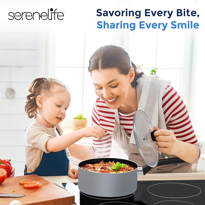 SereneLife Kitchenware Pots and Pans Set Basic Kitchen Nonstick Cookware Set Heat Resistant Lacquer (6-Piece Set) One Size Gray