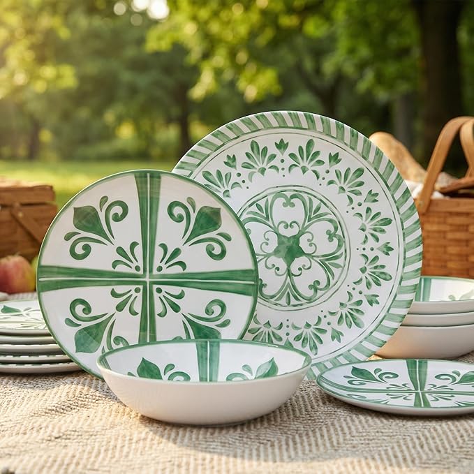 Melamine Dinnerware Sets Dinnerware Sets for 4 12Pcs Plates and Bowls Sets Green Floral Embossed Design Dish Set for Indoor and Outdoor Use