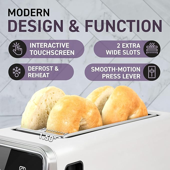 Touch Screen Toaster - 4 Slice 2 Extra Long Slots - 5 Bread Types and 6 Browning Levels - Defrost Reheat Favorite &amp Single Slot Modes - For Toast Bagels &amp Waffles – White