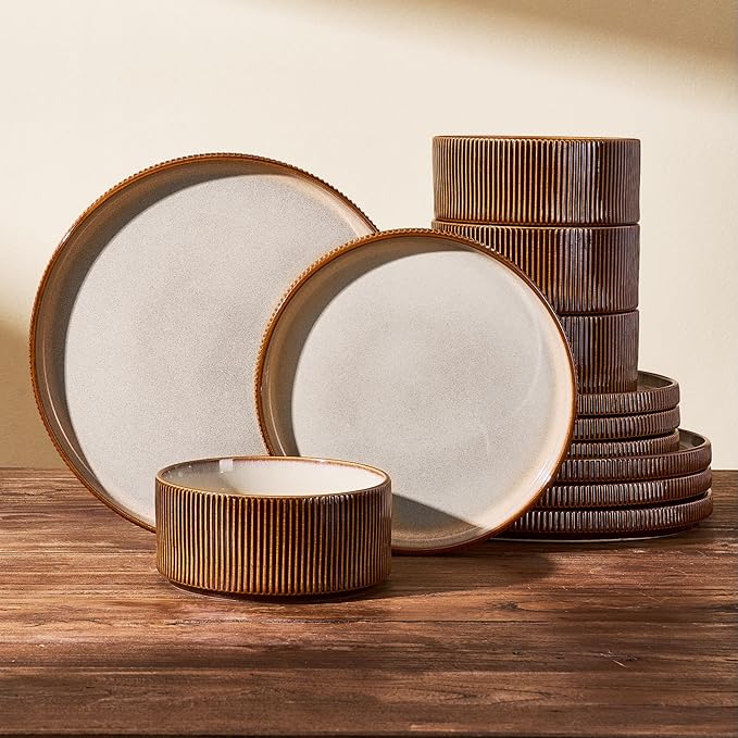 Stoneware Dinnerware Sets Handcrafted Double Reactive Glaze Plates and Bowls for Everyday &amp Formal Dining Microwave &amp Dishwasher Safe Scratch Resistant Dishes Service for 4 (12-Piece) Crea