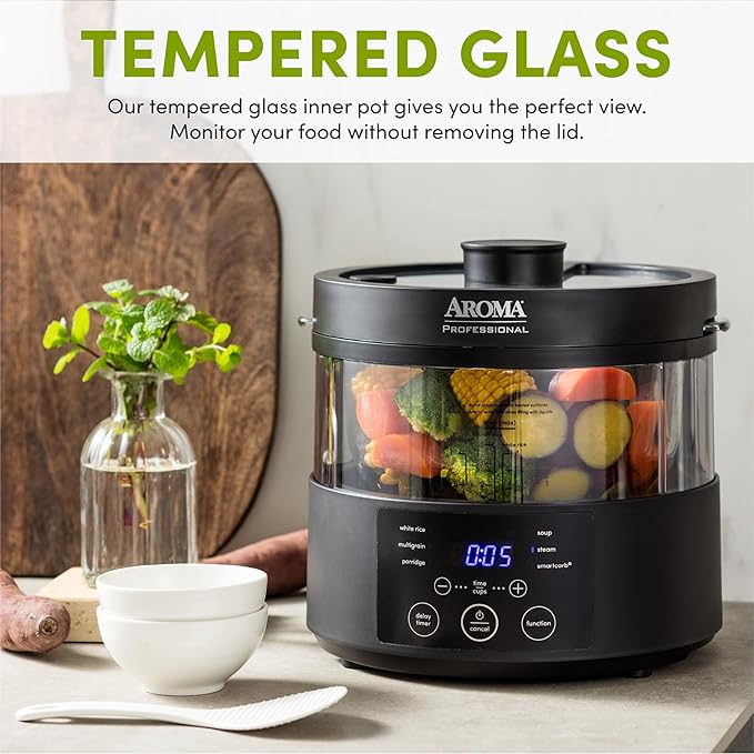 Aroma Housewares Professional 8-Cup (Cooked) SmartCarb Multicooker and Flavor-Lock Food Steamer for Low-Carb Rice and Grains Glass Inner Pot Black (AMC-800) Transparent Glass 4 Cup Uncooked Rice