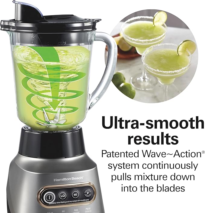 Hamilton Beach Wave Action Blender for Smoothies Stainless Steel Ice Sabre Blades 40oz Glass Jar 20oz Blend-In Portable Travel Jar 800 Watts Quiet Design Gray (58181)