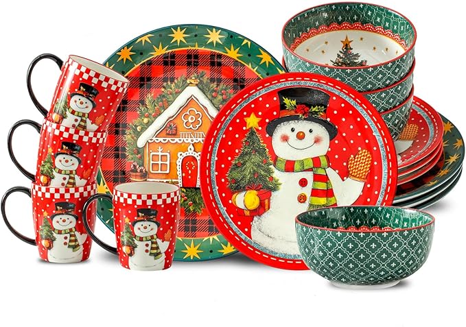 Hasense 16 Pcs Dinnerware Sets Ceramic Holiday Coffee mugs Plates and Bowls Set for 4 Chip &amp Scratch Resistant Party Serving Dishes Microwave and Dishwasher SafeColorful