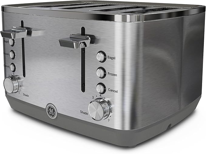 GE Stainless Steel 4 Slice Toaster | Extra Wide Slots for Bagels Breads Waffles &amp More | 7 Shade Options | Countertop Kitchen Essentials | 1500 watt