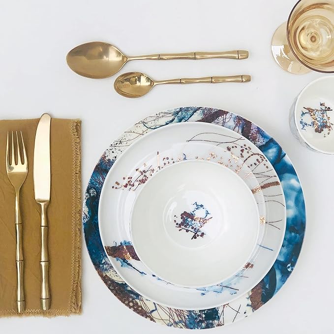 KOKEN - Ocean Blue 16 Piece Dinnerware Set (Service for 4) fine bone china - Dish Plates and Bowls Sets Service for 4 Dinner Salad Dessert Plates and Cereal Bowls Set Blue - Microwave safe