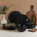 Matte Black Plates and Bowls Set 12pcs Stoneware Dinnerware Sets for 4 Dishwasher and Microwave Safe Ceramic Dishes Set Ribbed Obsidian Night