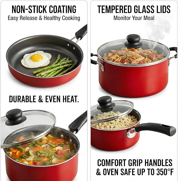 Cookware Set 9-Piece Non-stick Cookware Set Includes Frying Pan and Soup Pot Stackable Dishwasher and Oven Safe Suitable for Frying Making Sauces and Stir-frying (Red)