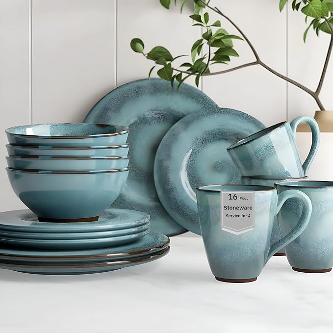 Sango 16-Piece Stoneware Dinnerware Set for 4 Glossy Blue &amp Green Coffee Mugs Plates and Bowls Sets with Reactive Glaze Ceramic Dish Set Elegant Dishes Microwave &amp Dishwasher Safe Toren