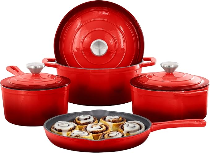 MegaChef 7 Piece Enameled Cast Iron Cookware Set in Red
