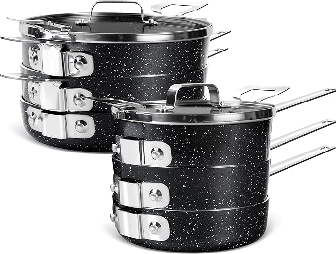 Stackable Pots and Pans 10 Piece Set - Nonstick Cookware With Space-Saving Design Non-Toxic Stone Coatings Saves 55% More Space - Black