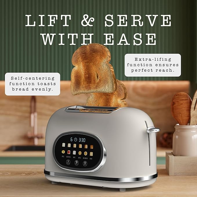 Rae Dunn Retro Digital Electric Toaster 2 Slice Stainless Steel Toaster With Touchscreen Countdown Timer 6 Shade Settings Wide Slots High Lift Lever Bagel Defrost &amp Reheat Digital Cream