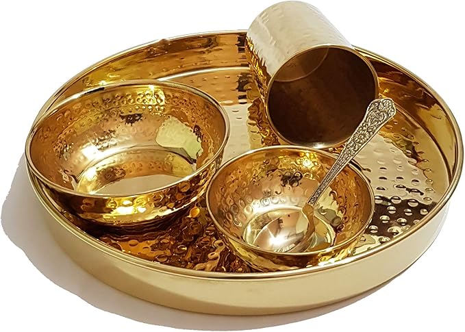 Pure Source India Hammered Brass Solid Dinner Thali Set -5 Pieces Gold Hammered