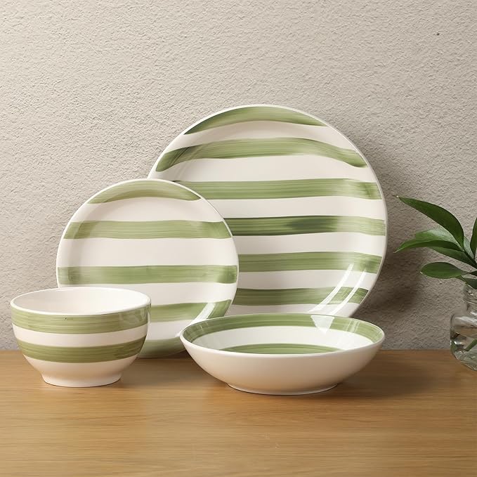 Gibson Home Kenwood Shores 16 Piece Dinnerware Set Green Striped Hand-Painted Stoneware Plates and Bowls Service for 4 Microwave &amp Dishwasher Safe