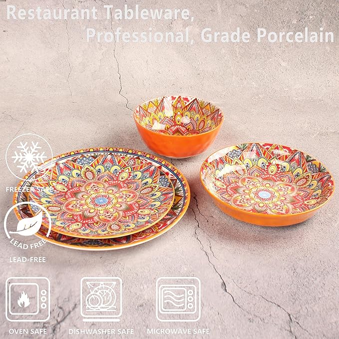 Mandala Dinnerware Sets (16 PCS) Serves for 4 Buffet Dinnerware Boho Plates and Bowls Set with 8.3 salad Plate 8.6/10.6dinner Plate 6.4 bowl apply Indoor Outdoor Dining