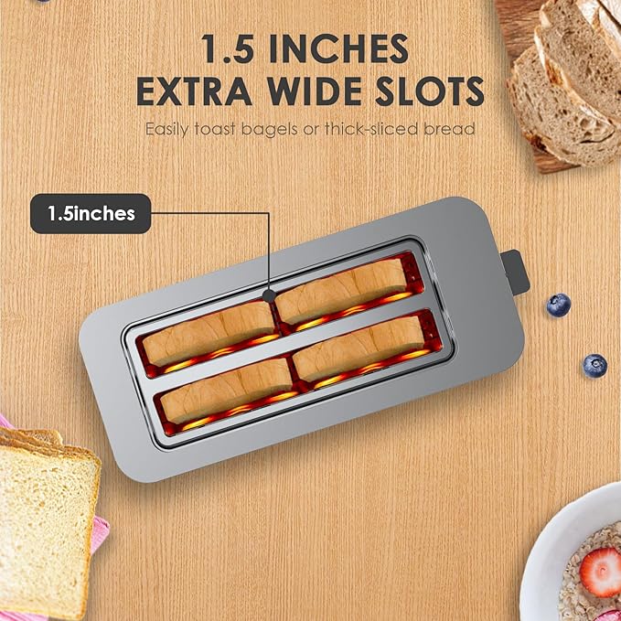Geek Chef Toaster 4 Slice Long Slots 1.5 Extra Wide Slots for Bagels &amp Waffles TouchScreen 6 Browning Levels Timer Defrost Cancel Function Auto Shut-Off Removable Crumb Tray Stainless St