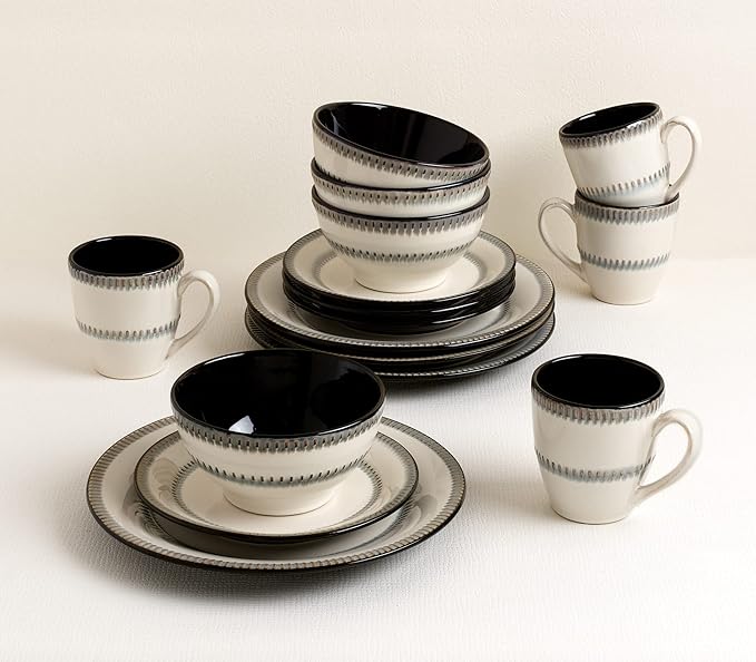 Elegant and Modern Stoneware Scroll Dinnerware Set for Hosting Parties and Events - Contrast 16 Piece