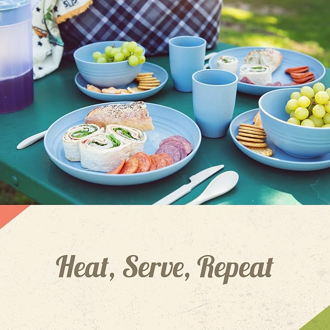 Camping Plates Cups and Bowls Set - 8-pc Wheat Straw Dinnerware Sets - 2 Bowls 2 Cups 2 Small &amp 2 Large Indoor/Outdoor RV Dishes - BPA Free Dishwasher &amp Microwave Safe Camp Casual (Rustic R