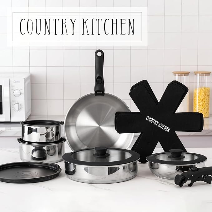 Country Kitchen Cookware Set with Removable Handle Oven &amp RV Safe Pots and Pans Set Stainless Steel Original