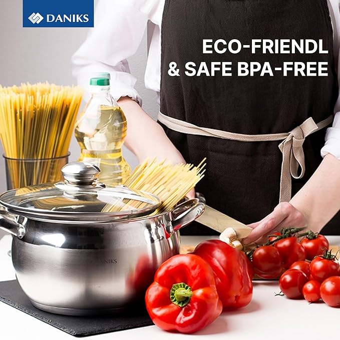 Daniks Classic 12-Piece Stainless Steel Cookware Set with Glass Lids Includes Saucepan and Frying Pan with Lid Tri-Ply Bases for Even Heating Induction Compatible Dishwasher Safe