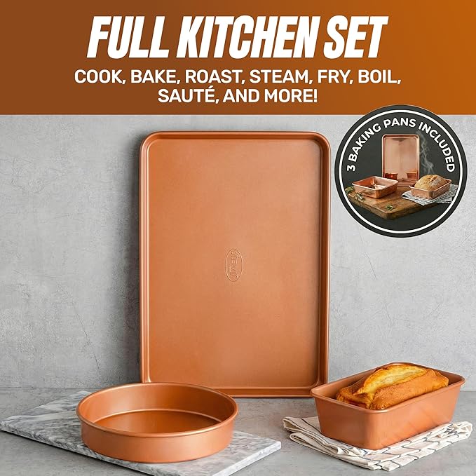 GOTHAM STEEL 20 Pc Ceramic Cookware Set Copper Pots and Pans Set Non Stick with Bakeware Cooking Utensils and Steamer Oven and Dishwasher Safe