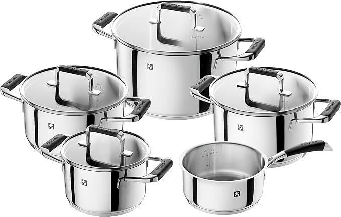 ZWILLING Cornelia Poletto 5-Piece Saucepan Set Suitable for Induction Cookers Stainless Steel with Glass Lid with Silicone Handles Silver