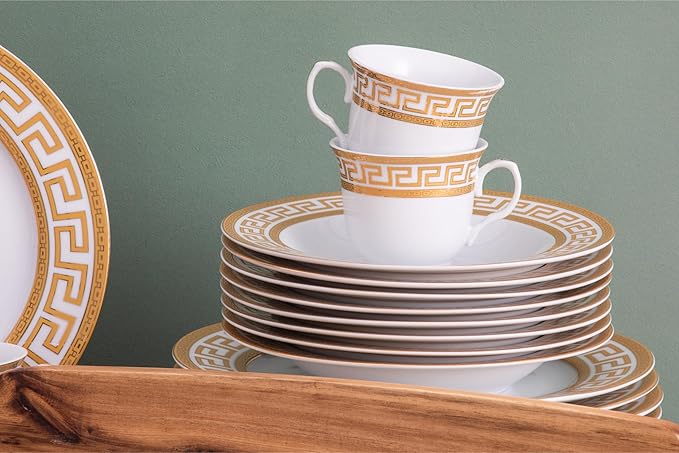Porcelain Dinnerware Set for 8 - Luxurious 49 Piece Dish Set - White and Gold Greek Key Design - Dinner Plates Bowls Cups and Saucers for Everyday Dishes or Formal Occasions (Meander Gold 2049)