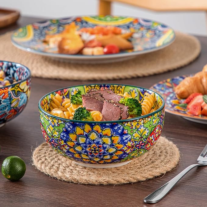 vancasso 12 Pieces Dinnerware Sets Plates and Bowls Set Porcelain Dishes Set for 4 and Boho Coffee Mugs Set of 6 14 oz Ceramic Mugs with Handle