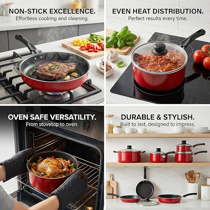 Cookware Set 9-Piece Non-stick Cookware Set Includes Frying Pan and Soup Pot Stackable Dishwasher and Oven Safe Suitable for Frying Making Sauces and Stir-frying (Red)
