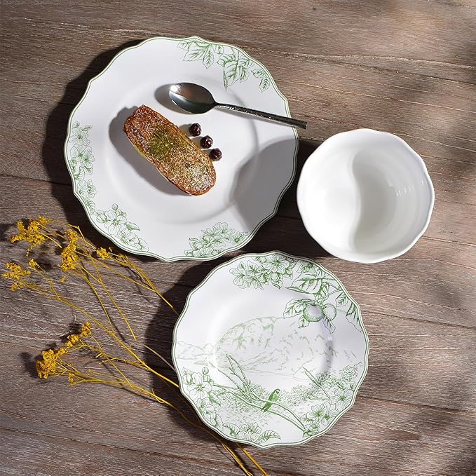 222 Fifth 12-Piece Porcelain Dinnerware Set for 4 Elegant Floral Plates and Bowls Sets-White/Green Ceramic Dishes Chip Resistant Kitchen &amp Dining Dish Set Microwave &amp Dishwasher Safe Hudso