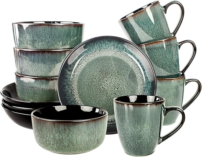 Dinnerware Sets(12Pcs) Serves for 4 Reactive Glaze Plates and Bowls Set with Mug8.3Salad Plates5.5bowls Modern kitchen tableware Microwave safe Set No.8