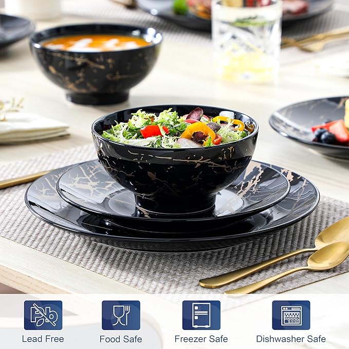 LOVECASA Plates and Bowls Sets for 4 12 Pieces Porcelain Dinnerware Sets Black and Gold Dish Set Gold Splash Dishware Sets Dishwasher Microwave Safe