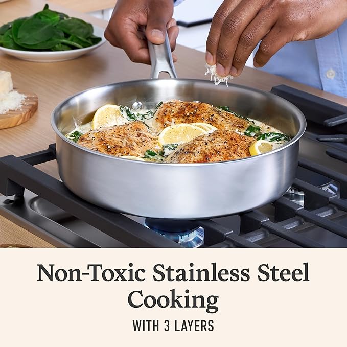 Calphalon Brushed 3-Ply Stainless Steel Cookware Set w/Turbo Heat Tech 3Qt Sauté Pan with Lid Induction Oven Safe 450F Brushed Stainless Silver