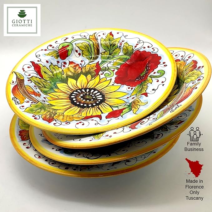 Italian Ceramic dinnerware set - Hand Painted kitchen Pasta Bowls sets for 4 - Made in ITALY Tuscany - Italian Pottery dinner plates - Home Decor Sunflower Poppies Ceramics dishes set - Service For 4