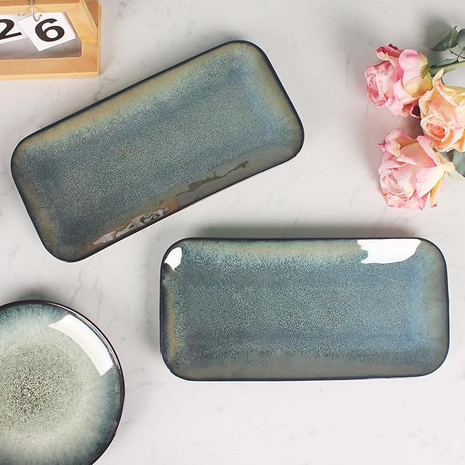 Serving Platters Set of 4 Rectangular Serving Plates Serving Trays for Entertaining Party MicrowaveOvenDishwasher SafeKitchen Dinnerware Blue reactive glaze 12.7 Inch