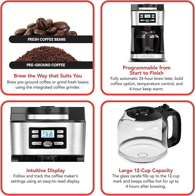 Gourmia Digital Coffee Machine 12Cup FullyAutomatic Large coffee maker integrated CoffeeGrinderPotstainless steel mesh coffee filter 4Hr KeepWarm and Freshness Indicator GCM3180Black and Silver