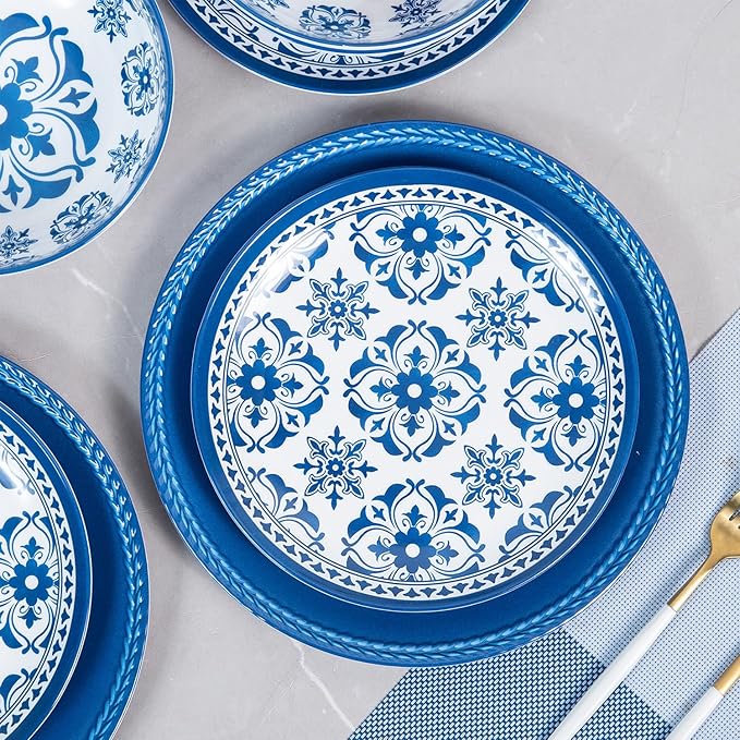 Melamine Dinnerware Set -12pcs Outdoor and Indoor Plates and Bowls Set Service for 4 Dishwasher Safe Blue Flower
