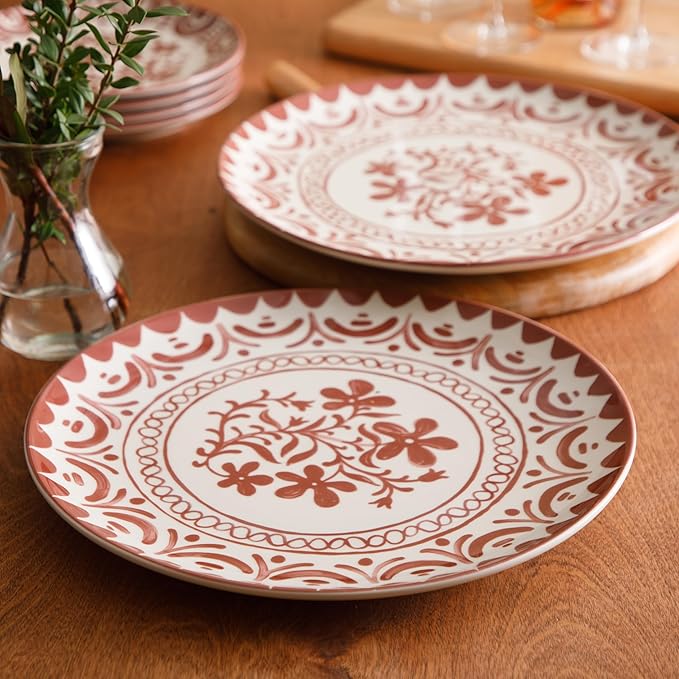 Bloomhouse - 2-Time Oprah’s Favorite Things - Valencia Flor 2 Piece 13” Serving Platter Set Stoneware Platters Mediterranean Floral Decal Design Microwave &amp Dishwasher Safe Pomegranate Red