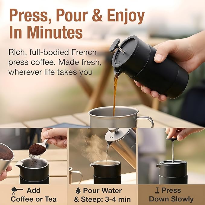 Travel French Press Coffee Maker Set - 12 oz | Portable Travel French Press Coffee Maker | Double Wall Insulated with Dual Stainless Filters &amp 2 Steel Canisters for Grounds Tea Creamer &amp Sug