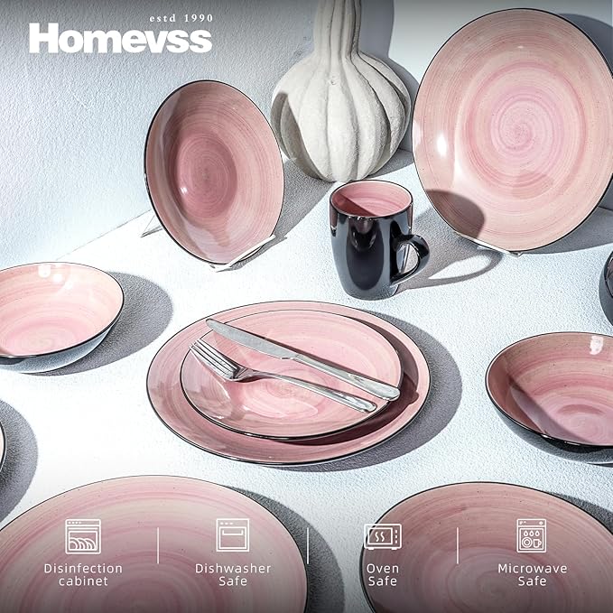 Sonoma Stoneware 16pc Dinnerware Set Outside Black + Inside Hand Painting Rose