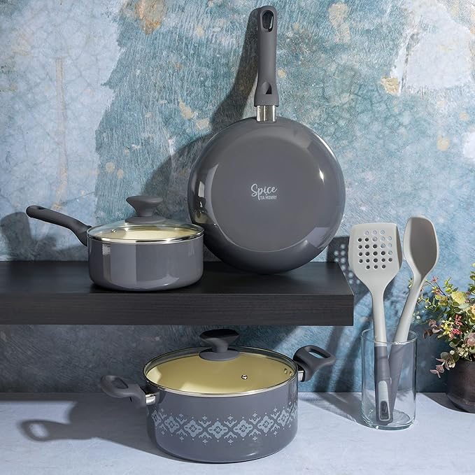 Spice by Tia Mowry Savory Saffron 7-Piece Healthy Nonstick Ceramic Cookware Set - Grey