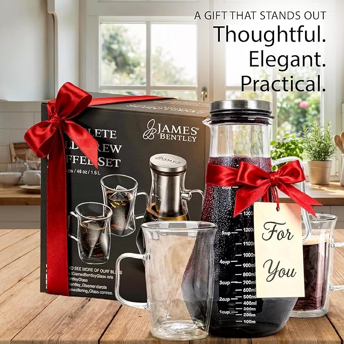 James Bentley Complete Cold Brew Coffee Set – Cold Brew Coffee Maker Glass for Hot and Cool Drinks Fridge Friendly — Glass Carafe Stainless Steel Infuser Double Wall Cups x2 &amp Cleaning Brush