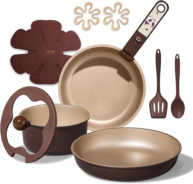 CAROTE 11pcs Ceramic Cookware Set Pots and Pans Set Non stick Induction Kitchen Cookware with Removable Handle RV Dishwasher ＆ Oven Safe RV/Camping Cookware PFOA Free Brown