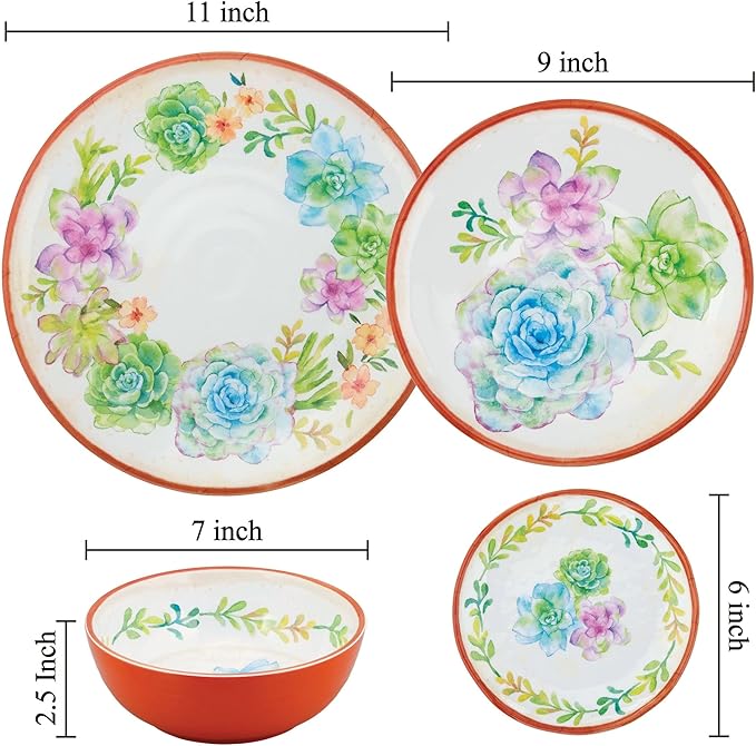 UPware 12 Piece Sweet Succulents Melamine Dinnerware Sets Outdoor Dishes Set Plates and Bowls Sets Service for 4 Multicolor