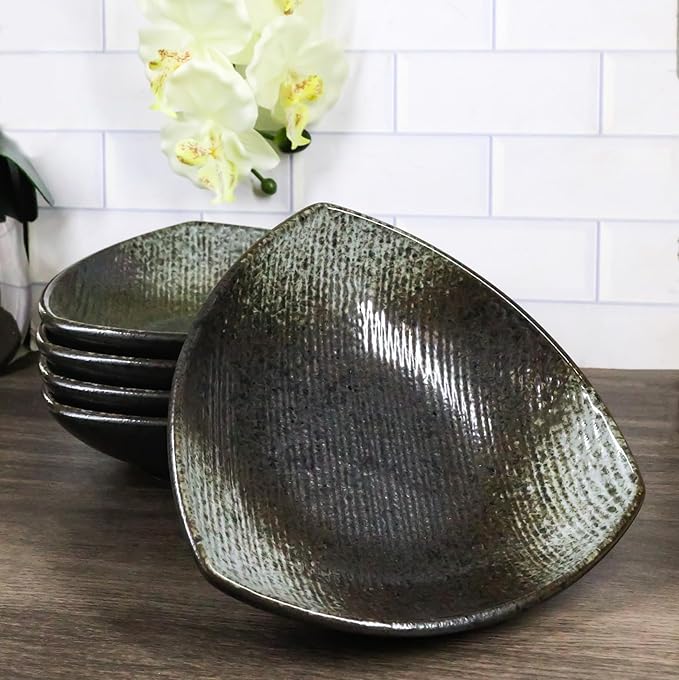 Ebros Gift Artistic Charcoal Grey Tone Hakumu Porcelain Collection Dinnerware Serveware Kitchenware Set Asian Japanese Restaurant Supply (Pack of 5 Appetizer Salad Triangular Deep Serving Plates)