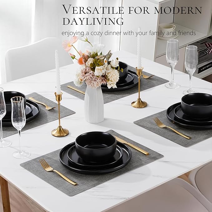 Vesteel Dinnerware Sets for 4 12-Piece Stoneware Dish and Bowls Set Handmade Reactive Glaze Coupe Plates Set for Family Chip &amp Scratch Resistant - Matte Black