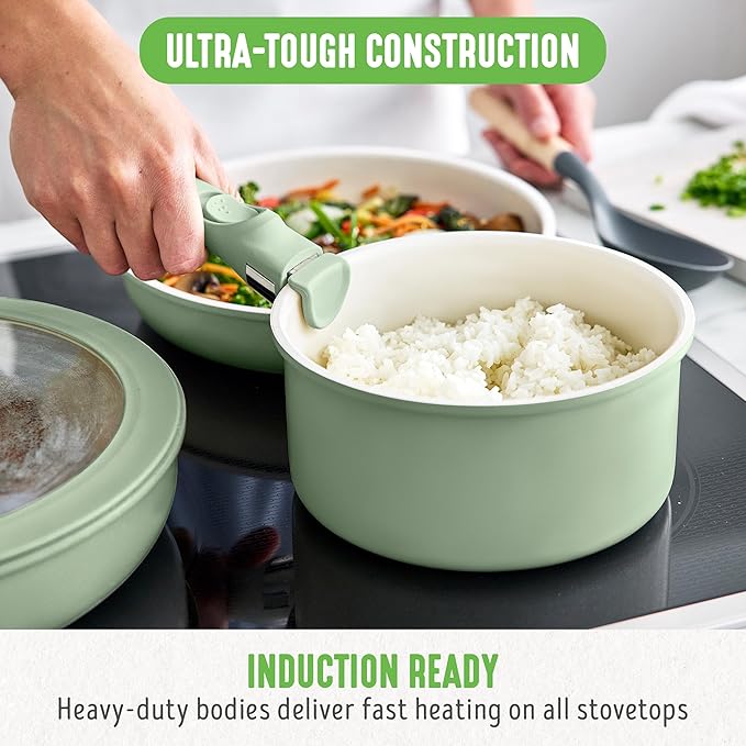 GreenLife 10 Piece Nonstick Pots &amp Pans Set Detachable Handle &amp Stackable Cookware Set Non Toxic PFAS-Free Skillets Induction Kitchen Pans Space Saving Serving Bowls Oven Safe Sage Gree