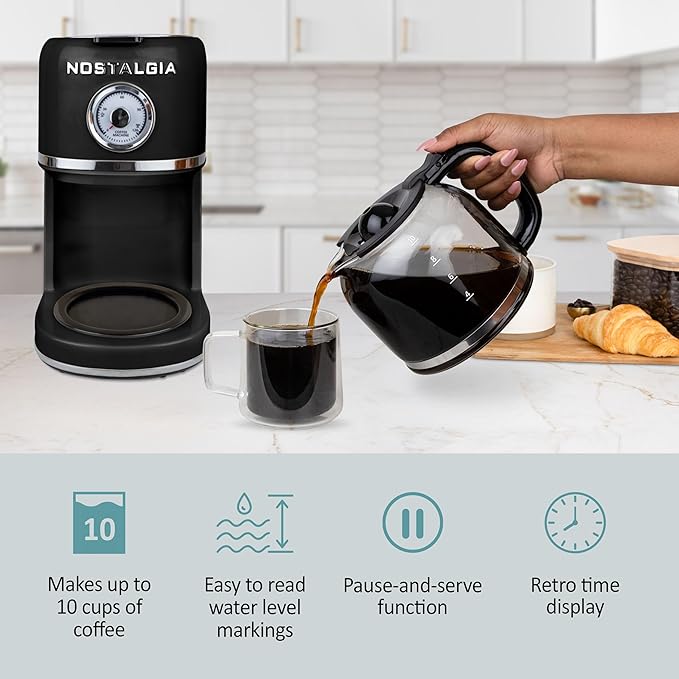 Nostalgia Classic Retro 10 Cup Coffee Maker - One-Touch Drip Brew Reusable Filter - Anti-Drip Auto Shutoff &amp Time Display - Dishwasher Safe 50 oz Carafe - Black