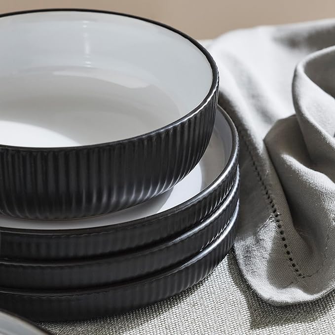 Christian Siriano Laro 24-Piece Stoneware Dinnerware Set Plates and Bowls Set Microwave and Dishwasher Safe Dish Set for 8 Black