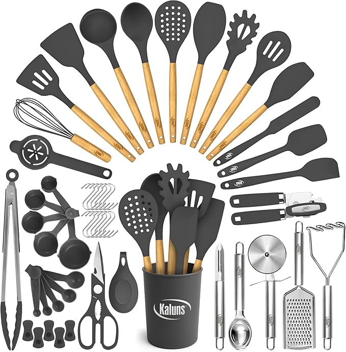 Kaluns 50 PCS Silicone Kitchen Utensils Set Complete Kitchen Set - 800°F Heat Resistant Non-Stick Premium Cooking Utensils W Wooden Handles - Can Opener Masher Turner Silicone Spatula Set